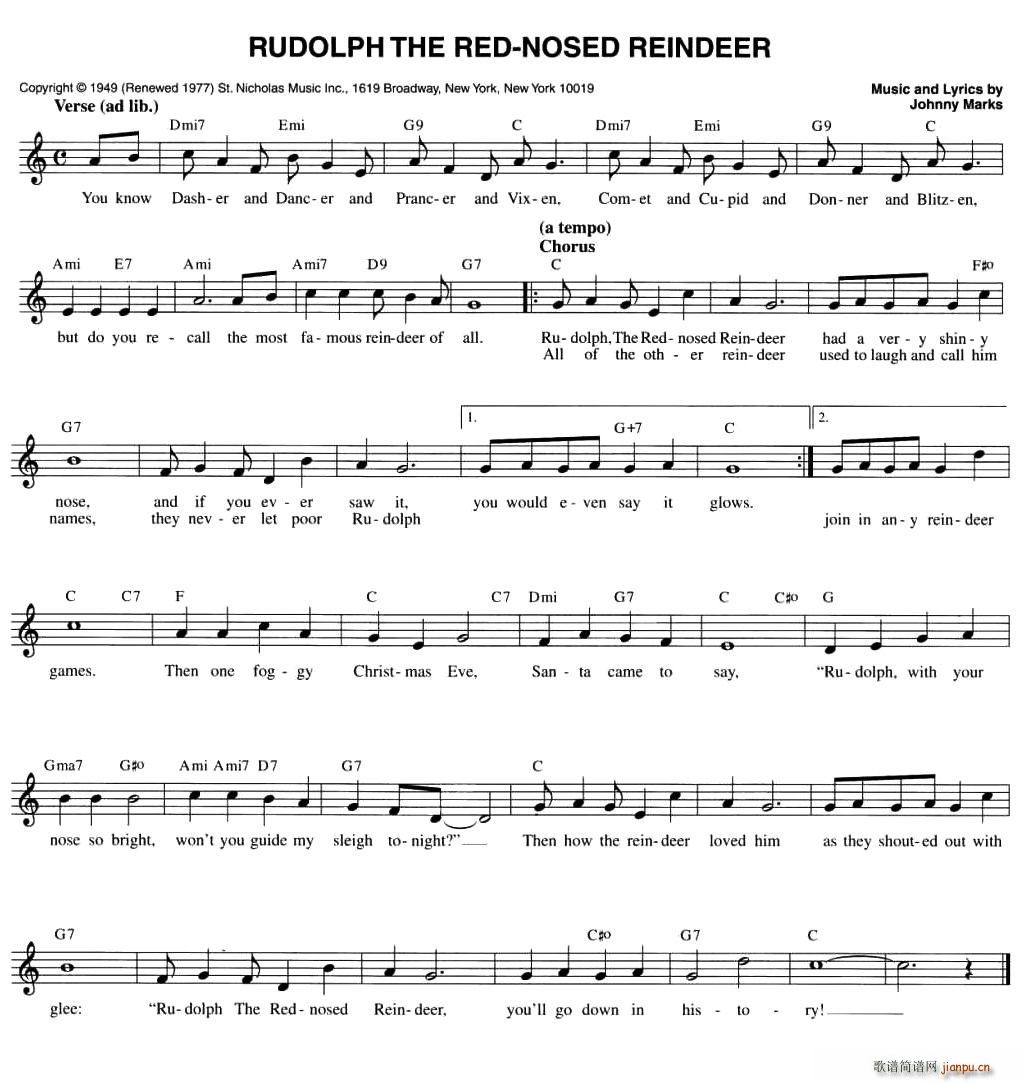 未知 《RUDOLPH THE RED-NOSED REINDEER（五线谱）》简谱