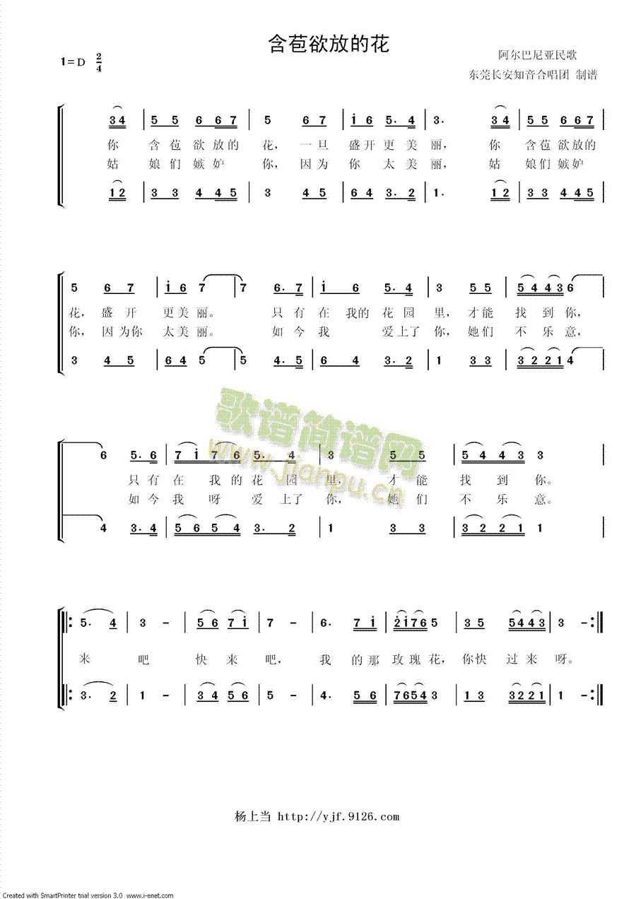 未知 《含苞欲放的花(二重唱/阿尔巴尼亚民歌)》简谱