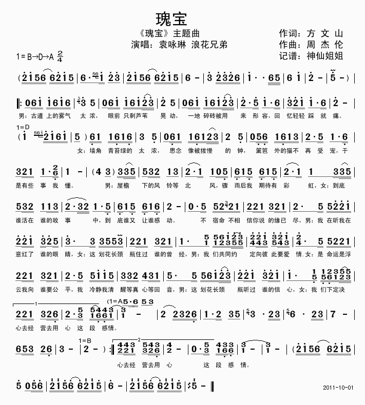 袁咏琳浪花兄弟 《瑰宝》简谱