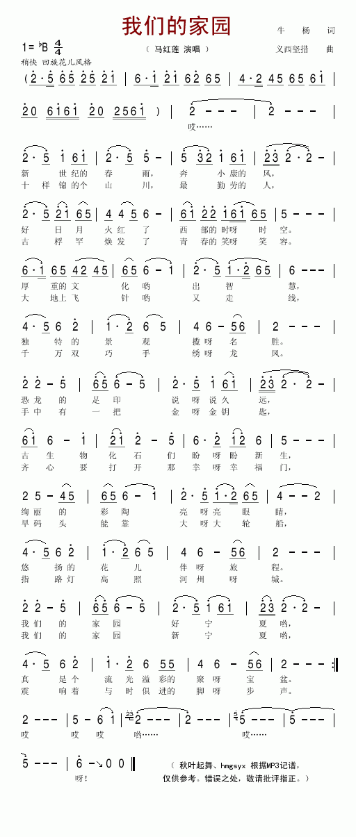 马红莲 《我们的家园》简谱