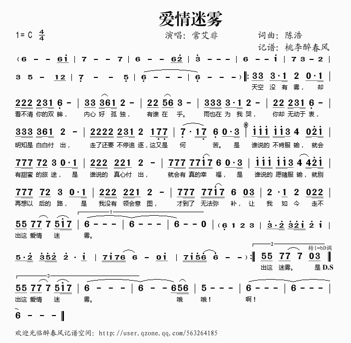 常艾非 《爱情迷雾》简谱