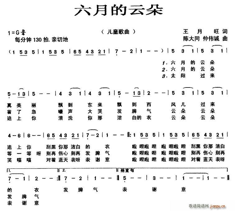 未知 《六月的云朵》简谱