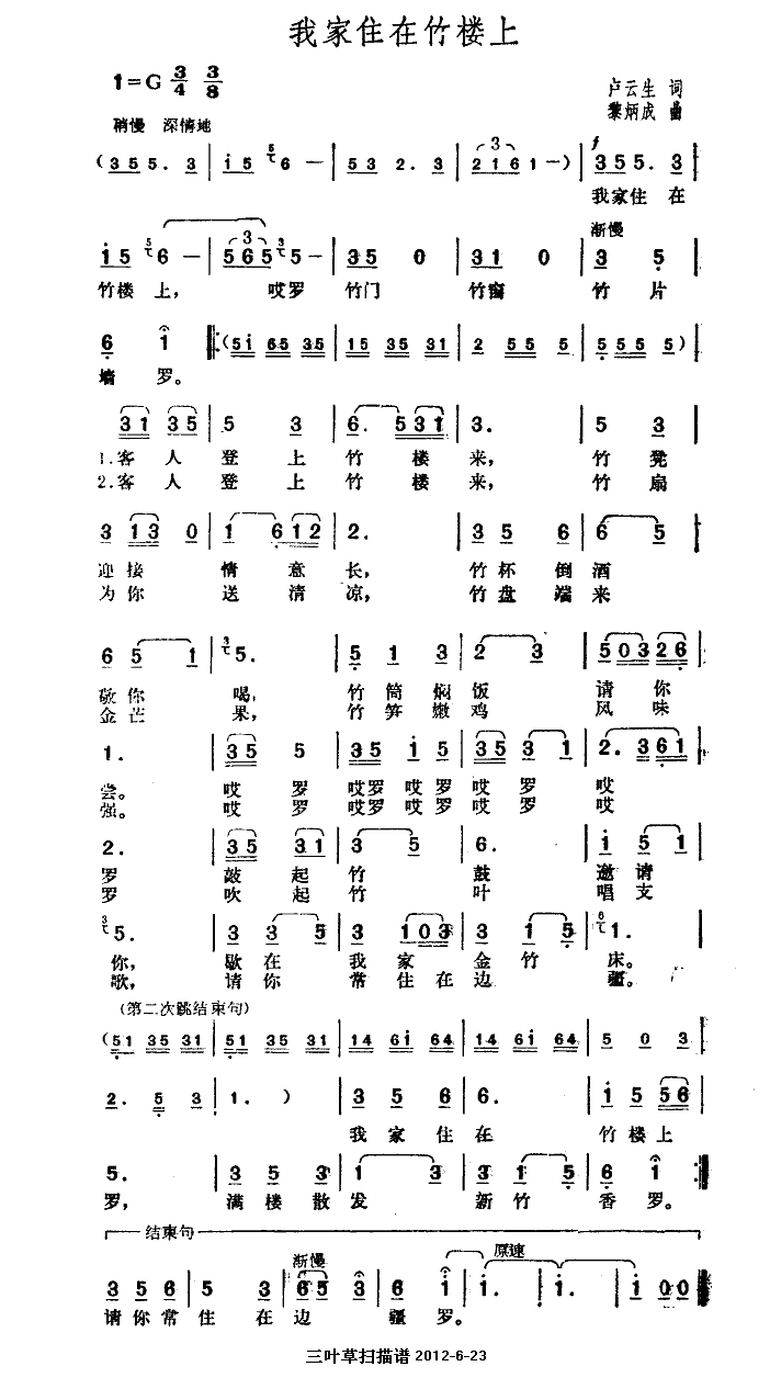 未知 《我家住在竹楼上》简谱