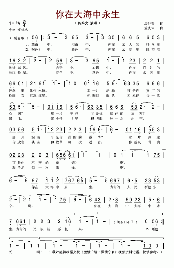 阎维文 《你在大海中永生》简谱