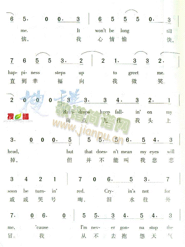 未知 《Raindrops Keep Falling On My Head》简谱