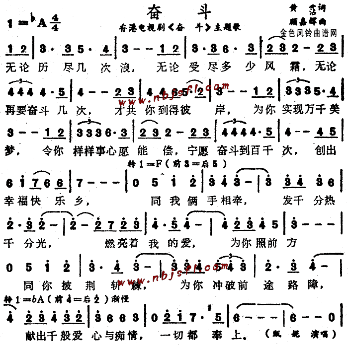 未知 《奋斗(同名电视剧主题歌、粤语)》简谱