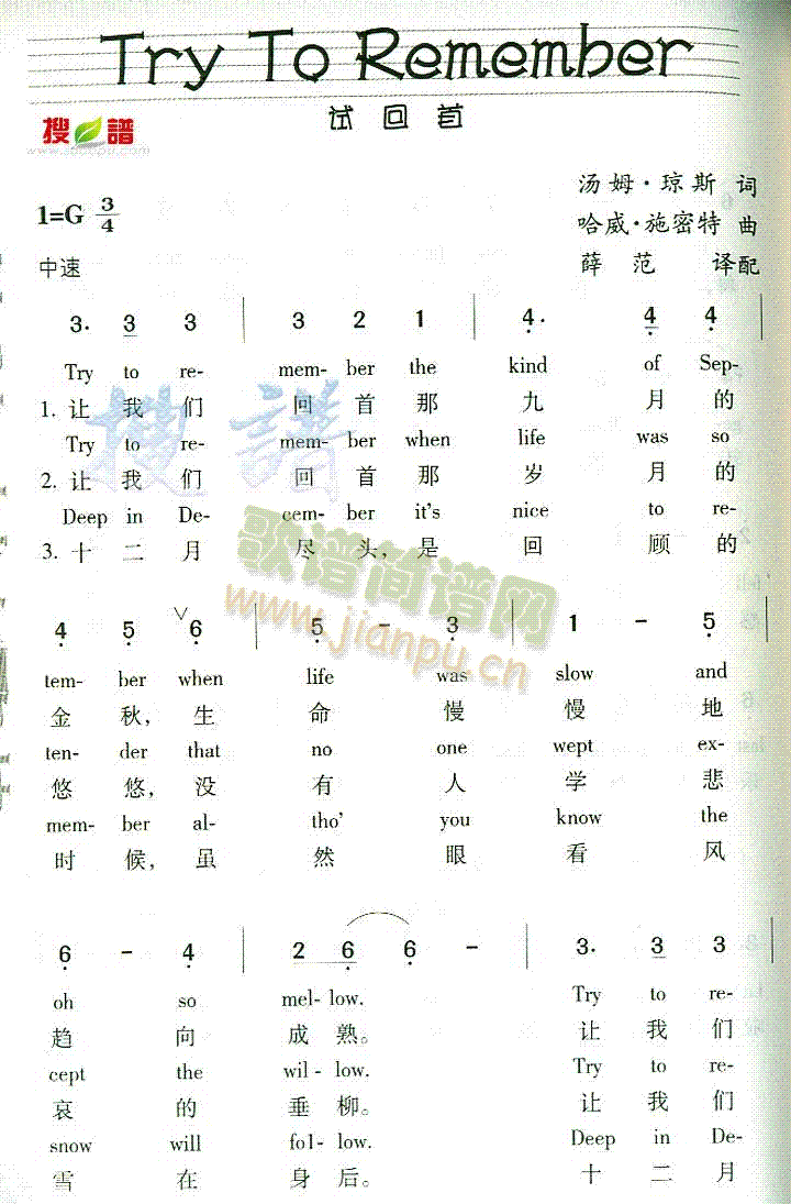 未知 《Try To Remember》简谱