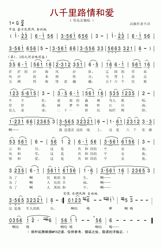 未知 《八千里路情和爱》简谱