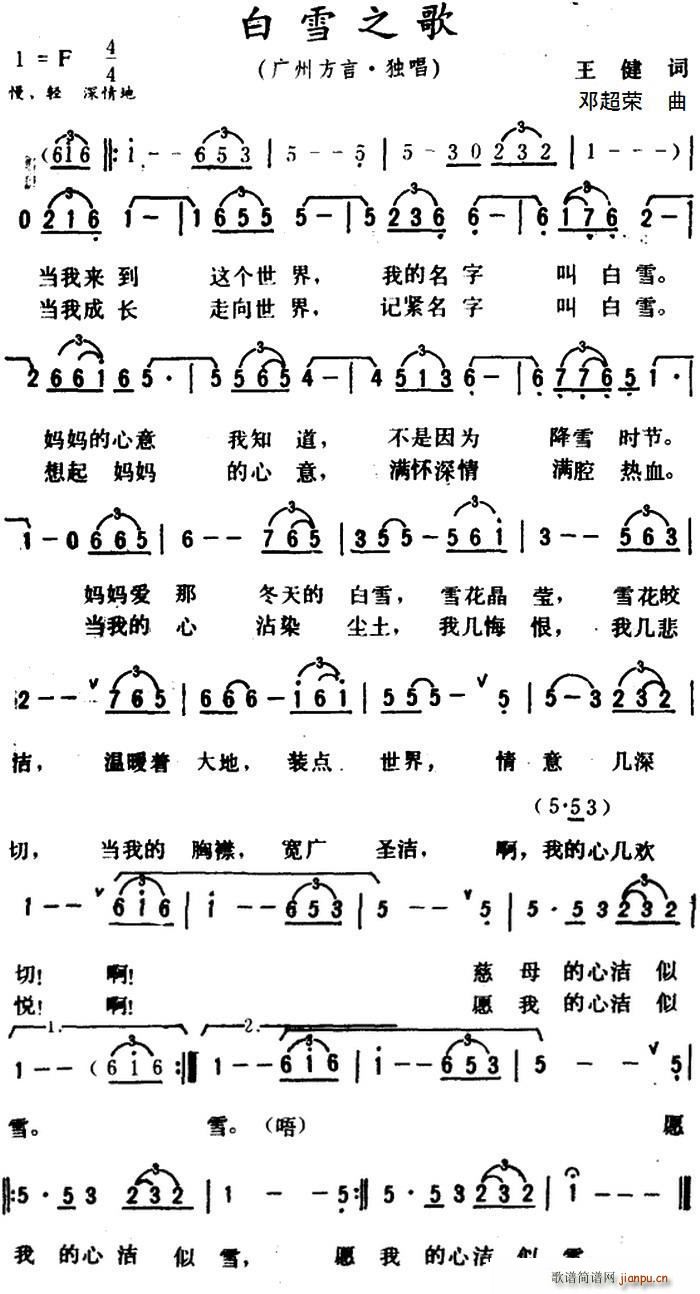 王健 《白雪之歌》简谱