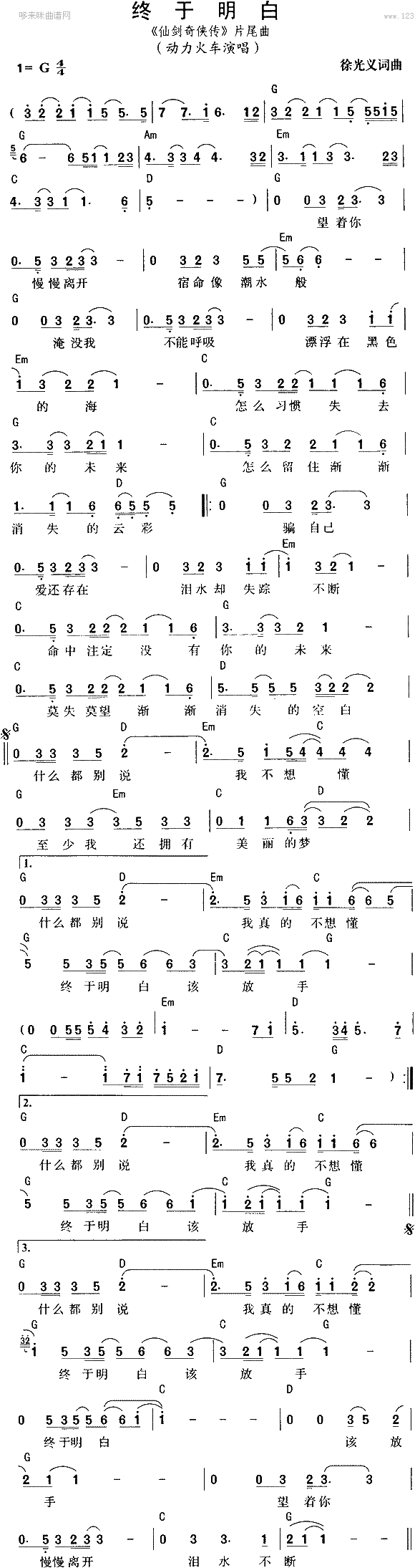 未知 《终于明白(动力火车)》简谱