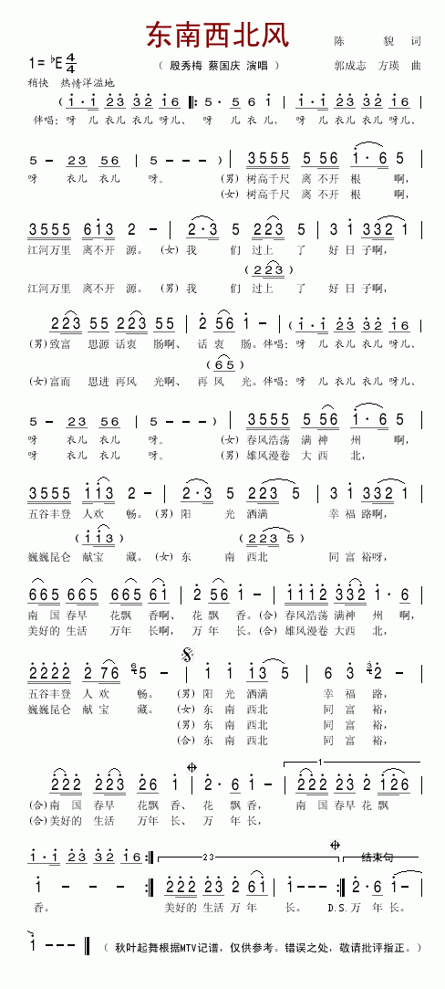 殷秀梅、蔡国庆 《东南西北风》简谱
