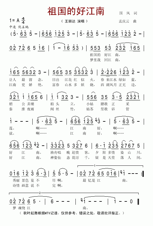 王丽达 《祖国的好江南》简谱