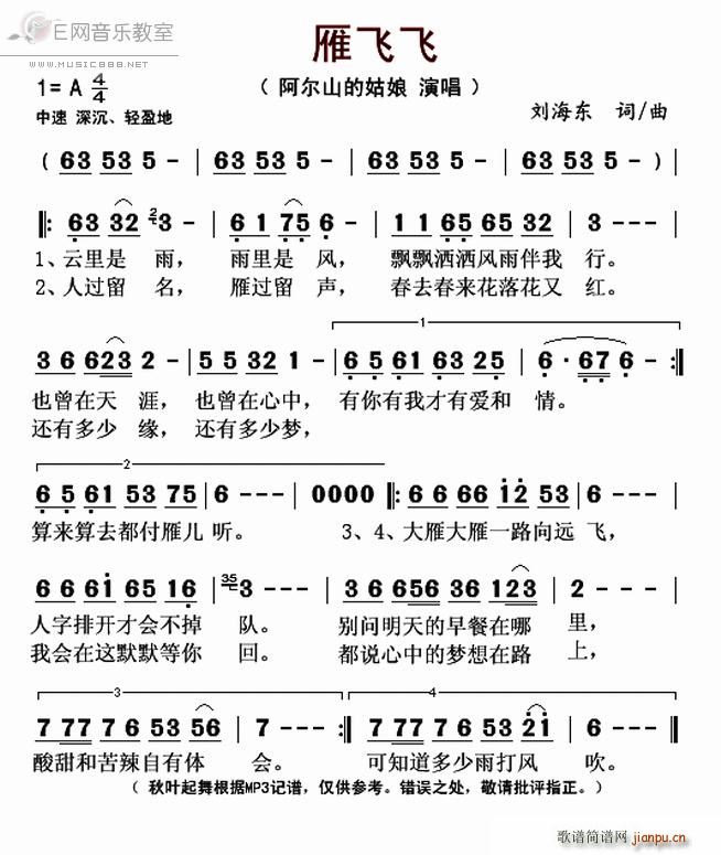 未知 《雁飞飞-阿尔山的姑娘》简谱