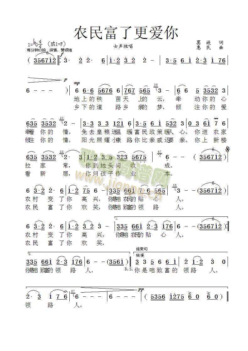 未知 《农民富了更爱你》简谱