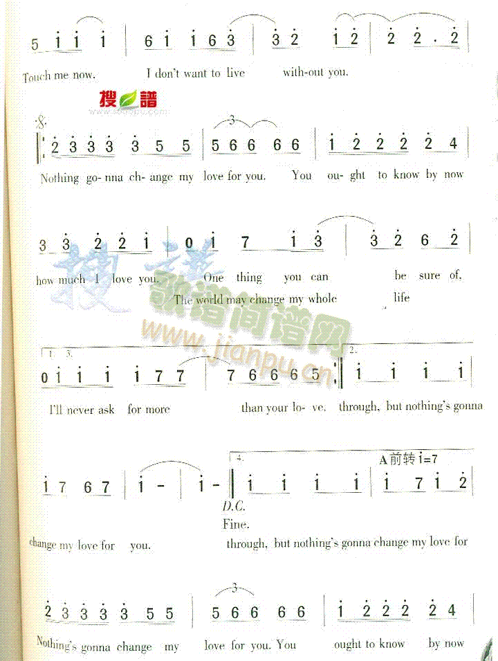 未知 《Nothing is Gonna Change My Love For You》简谱