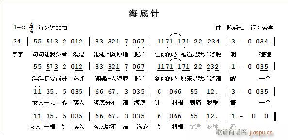 陈舜斌词：索矣a 曲：陈舜斌 《海底针》简谱