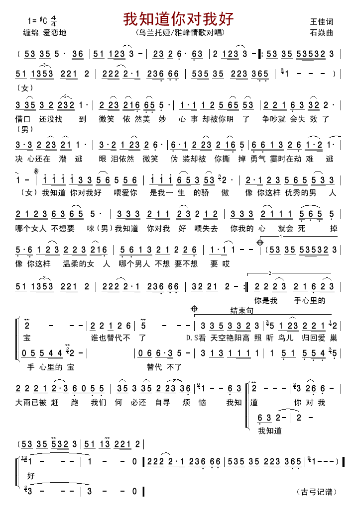 乌兰托娅雅峰 《我知道你对我好》简谱