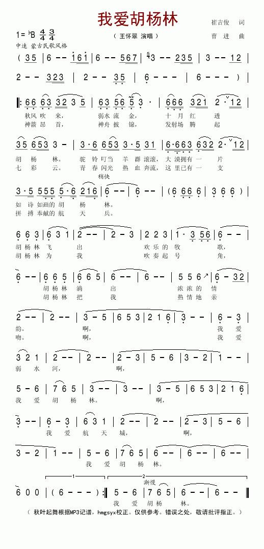 王怀翠 《我爱胡杨林》简谱