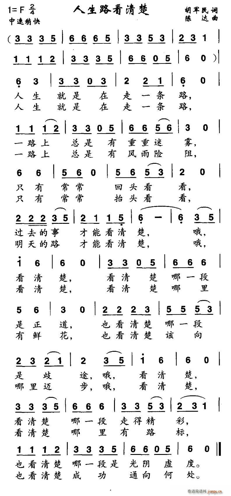 胡军民 《人生路看清楚》简谱