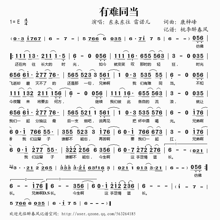 东来东往雷诺儿 《有难同当》简谱