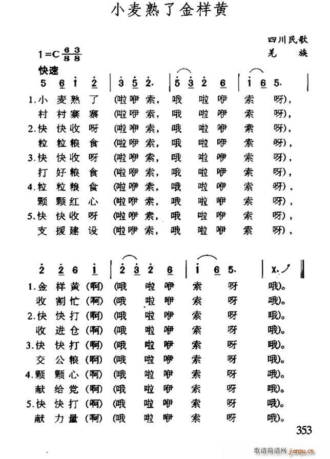 未知 《小麦输了金样黄（四川羌族民歌）》简谱