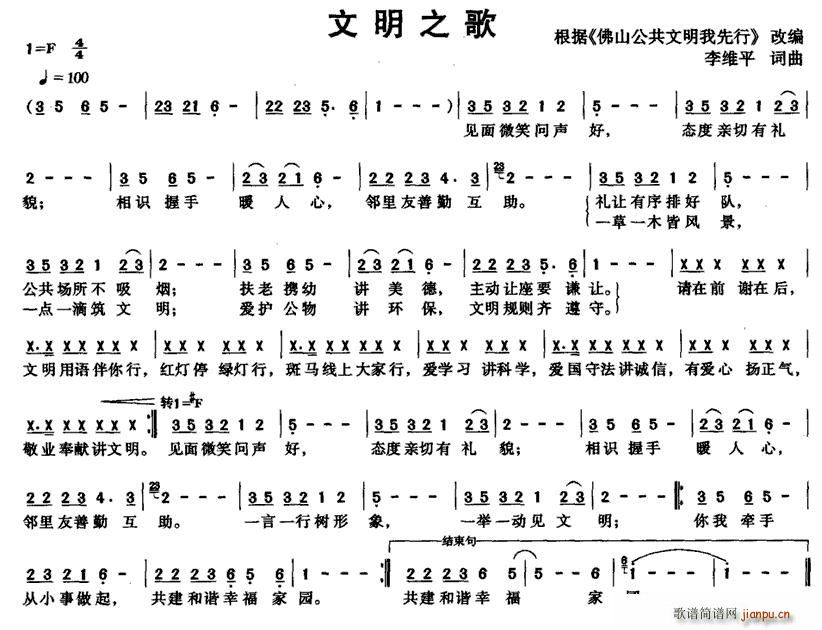 李伟平 《文明之歌》简谱