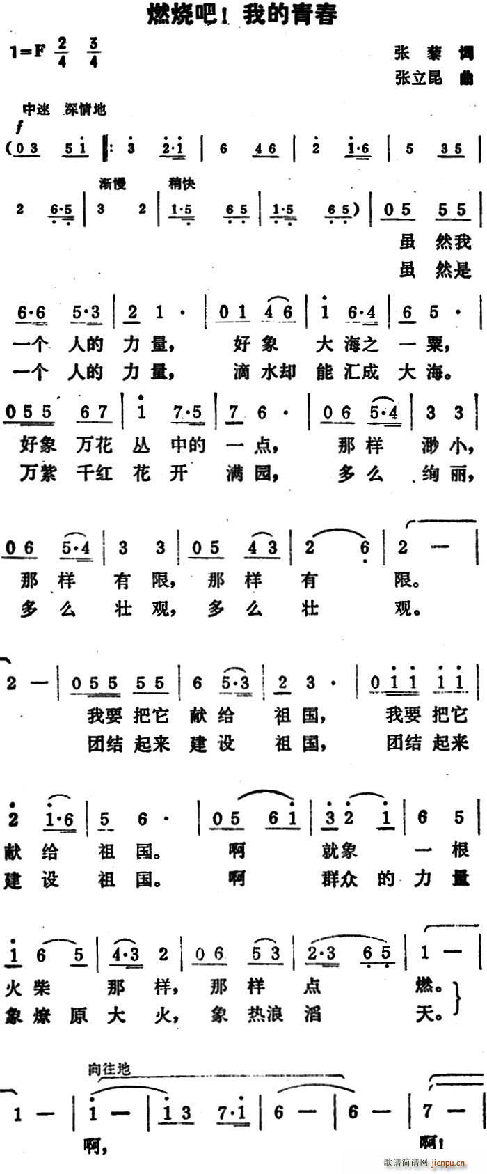 张藜 《燃烧吧 我的青春》简谱