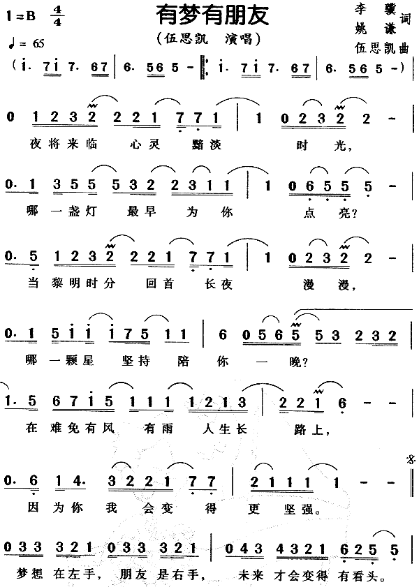 伍思凯 《有梦有朋友》简谱