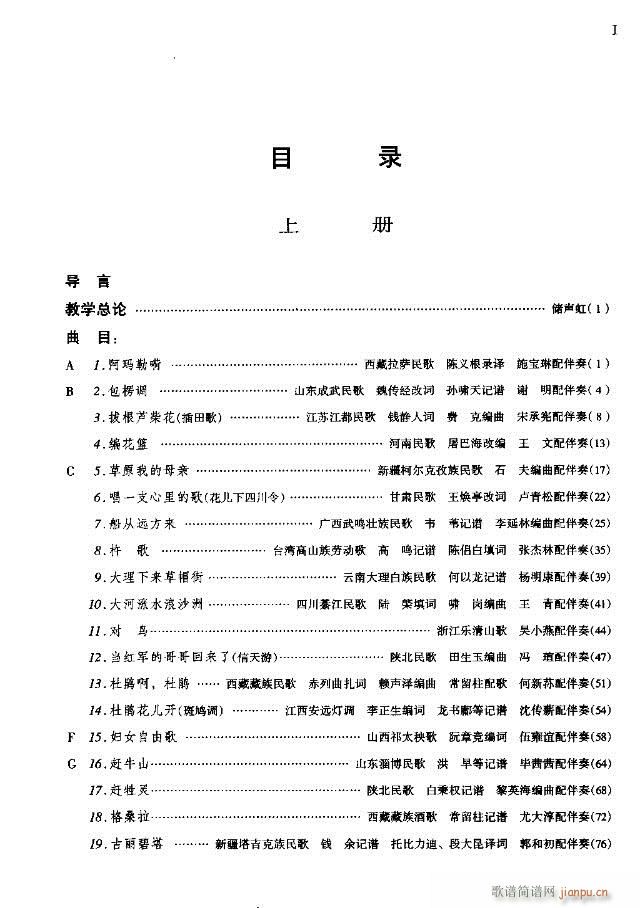 未知 《中国民间歌曲选 下册目录179-208线谱版》简谱