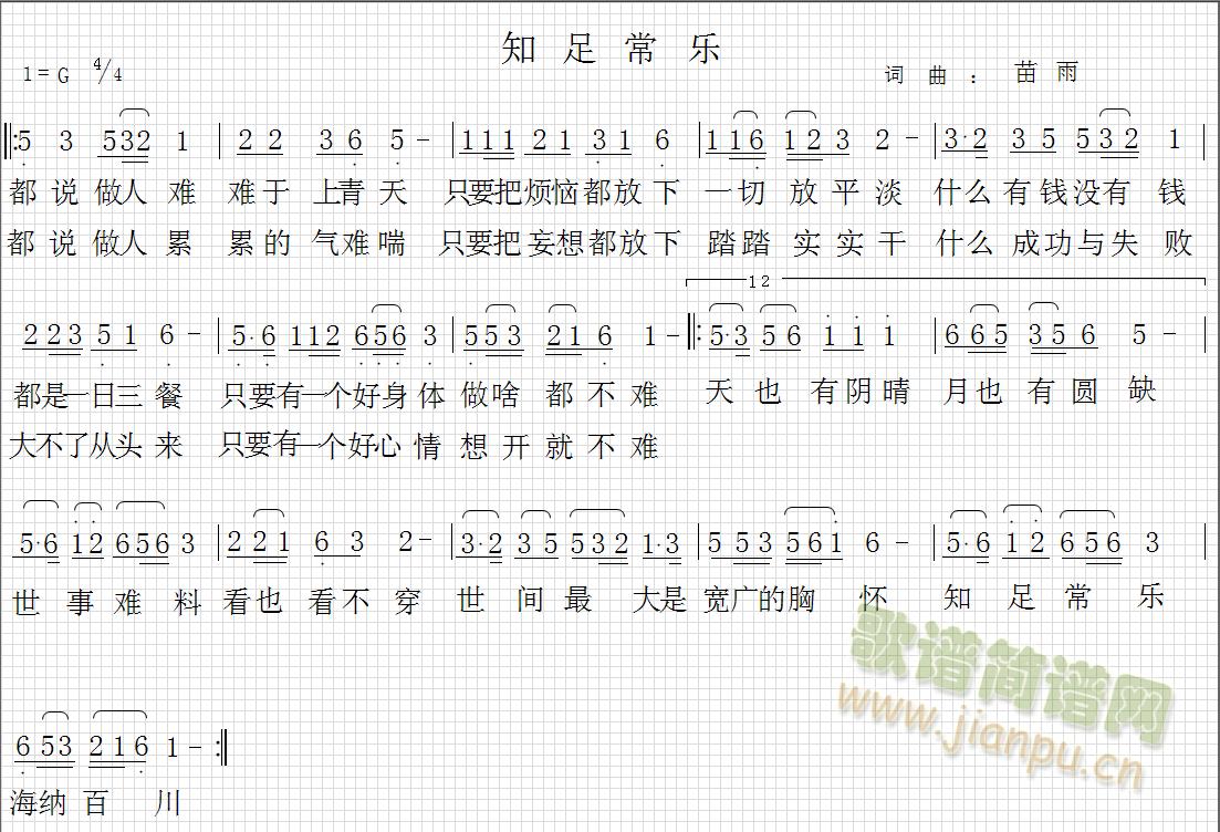 农民苗雨   在和好朋友一次畅谈中，深受启发创作此歌曲。欲望永无止境，金钱利益拖垮人生，做人要有一颗宽大的胸怀！希望此歌传递正能量，让最累的心休息一会吧！感谢于老弟亲自指点，修正！版权注册！侵权必究！ 《知足常乐》简谱