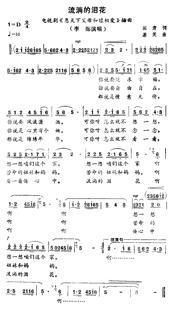 李娜 《流淌的泪花》简谱