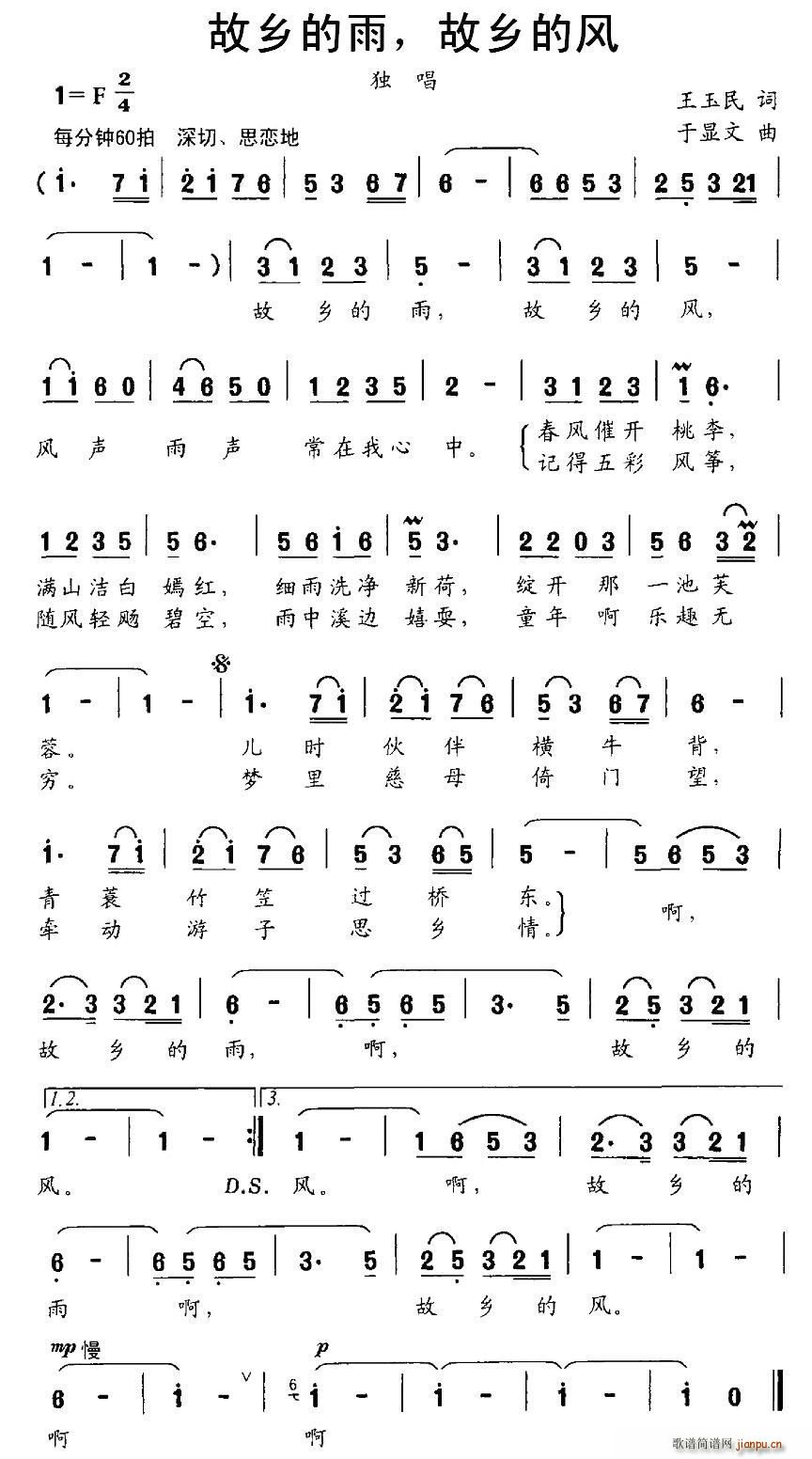 王玉民 《故乡的雨 故乡的风》简谱