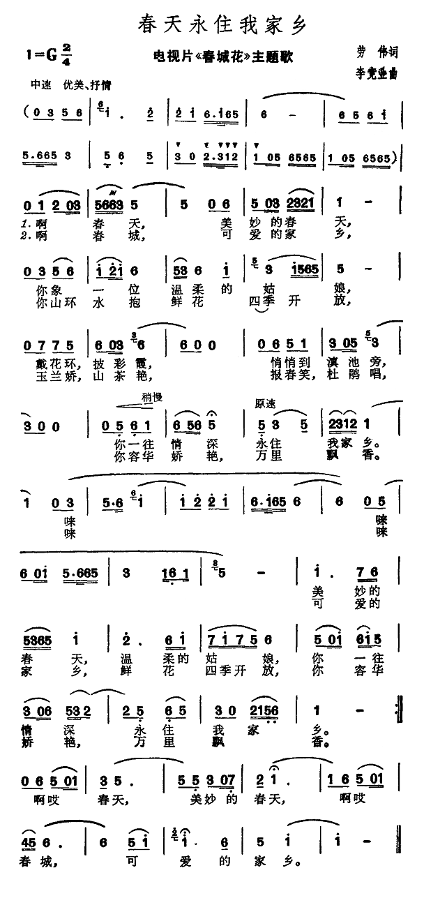 春天永住我家乡（电视片 《春城花》简谱