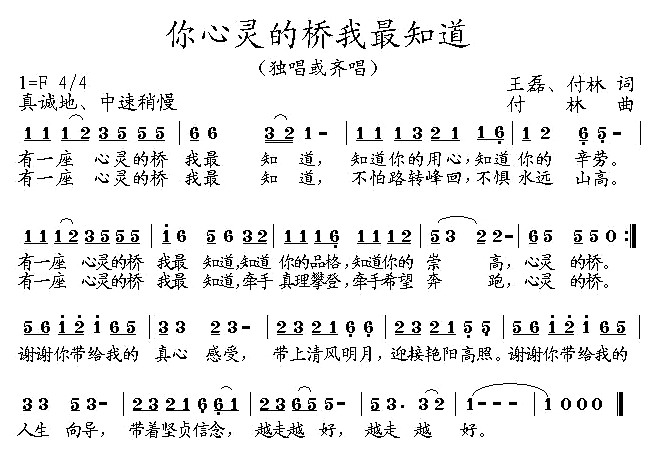 未知 《你心灵的桥我最知道》简谱