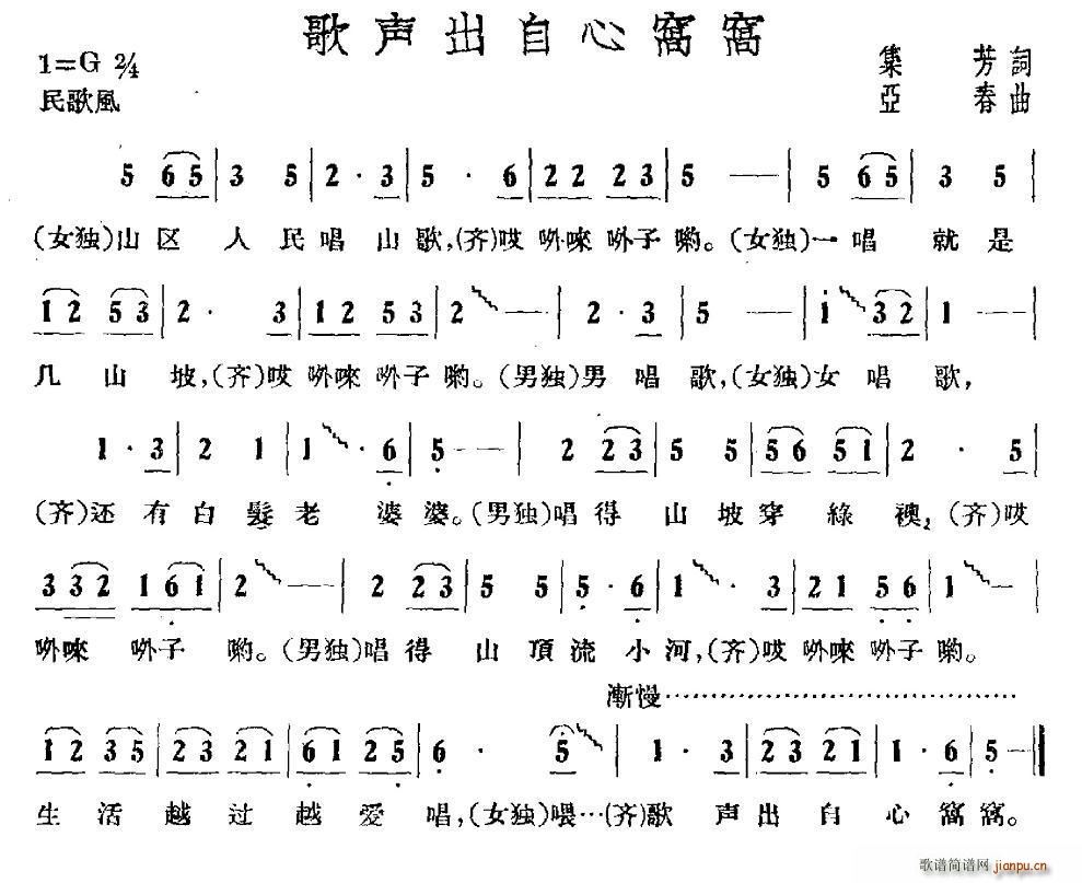 集芳 《歌声出自心窝窝》简谱