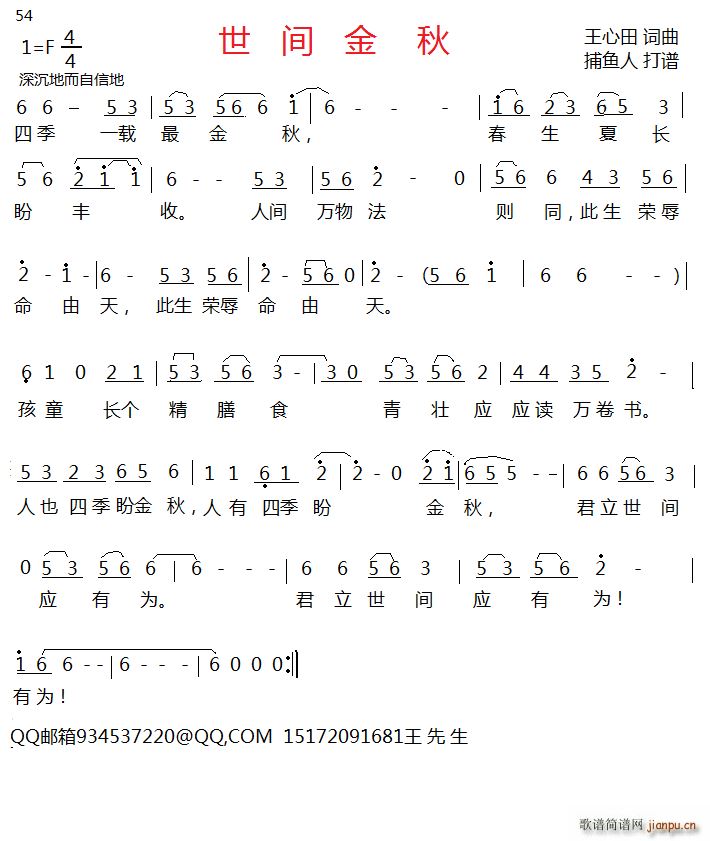 捕鱼人   王心田 《世间金秋》简谱