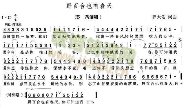 未知 《野百合也有春天》简谱