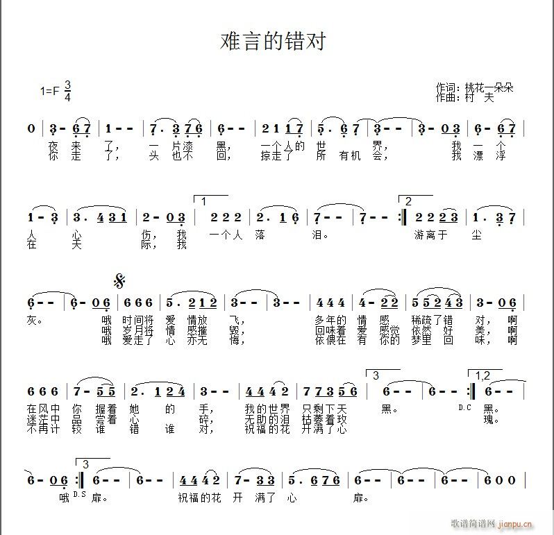 许文科 《难言的错对》简谱