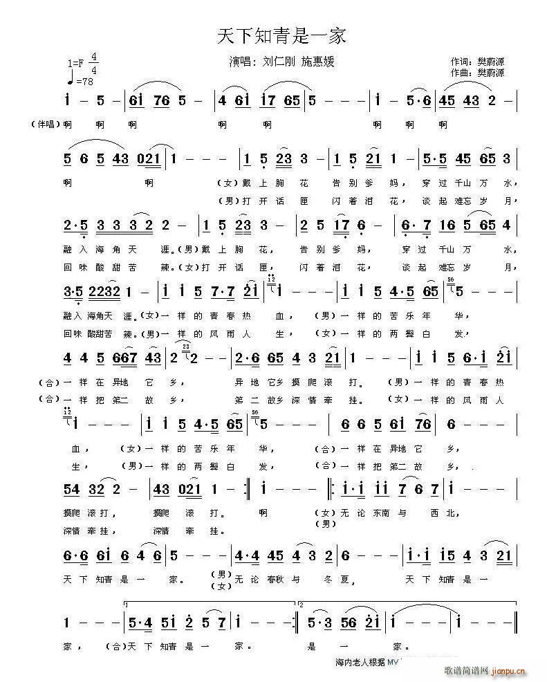 刘仁刚 施惠媛   樊蔚源 《天下知青是一家》简谱