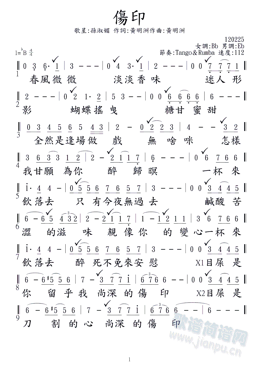 孫淑媚   二019. 孫淑媚 ( 傷印 ) ( 詞曲-黃明洲 ) 華特發行 2009-12月 ( 音圓55254八 ) ( 順風 14401 ) 《傷印》简谱