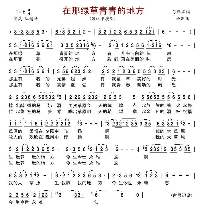 张远平 《在那绿草青青的地方》简谱