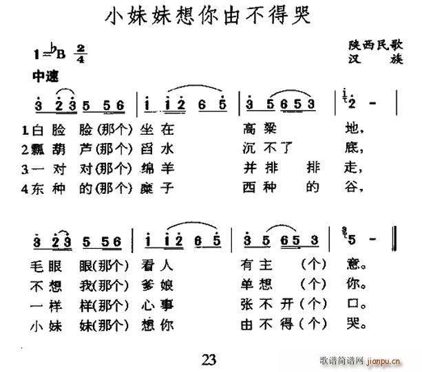 未知 《小妹妹想你由不得哭（陕西民歌）》简谱