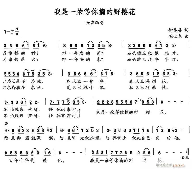 未知 《我是一朵等你摘的野樱花》简谱