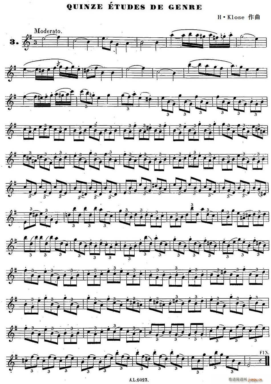 未知 《H Klose练习曲（Quinze etudes de genre—3）》简谱