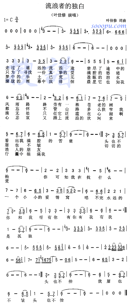 叶佳修 《流浪者的独白》简谱