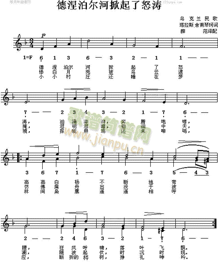 未知 《德涅泊尔河掀起了怒涛(乌克兰民歌)》简谱