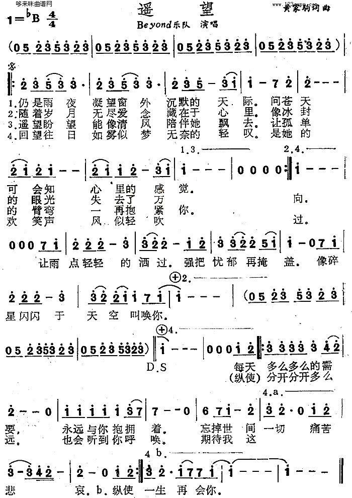 未知 《遥望(Beyond乐队)》简谱