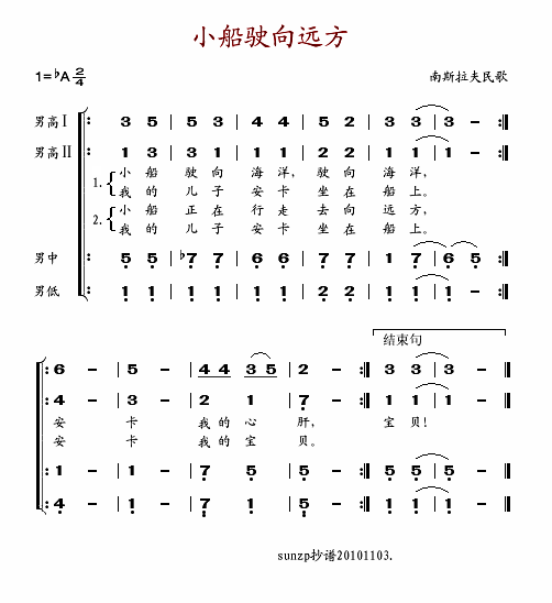 杨焕礼吴其辉王世光贾宗昌 《小船驶向远方(四重唱)》简谱