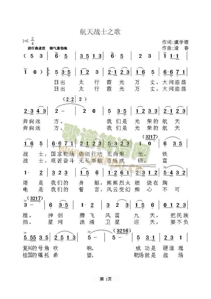 尖兵合唱团   虞学德，中国太原卫星发射中心某部政委，上校军衔。冯  谆，国家一级作曲家。冯  亚，冯老先生的儿子，著名导演。任新宁，山西省一级作曲，指挥家。张贵峰，音乐制作人，擅长声乐、管乐表演、指挥与教学。刘  强，音乐制作人。 《航天战士之歌》简谱