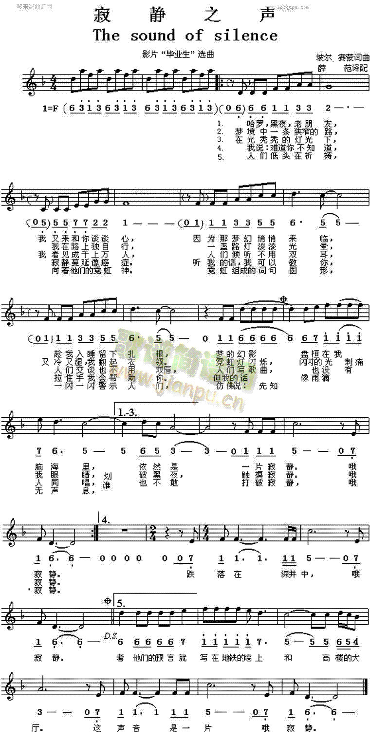 未知 《寂静之声The sound of silence(奥斯卡歌曲)》简谱